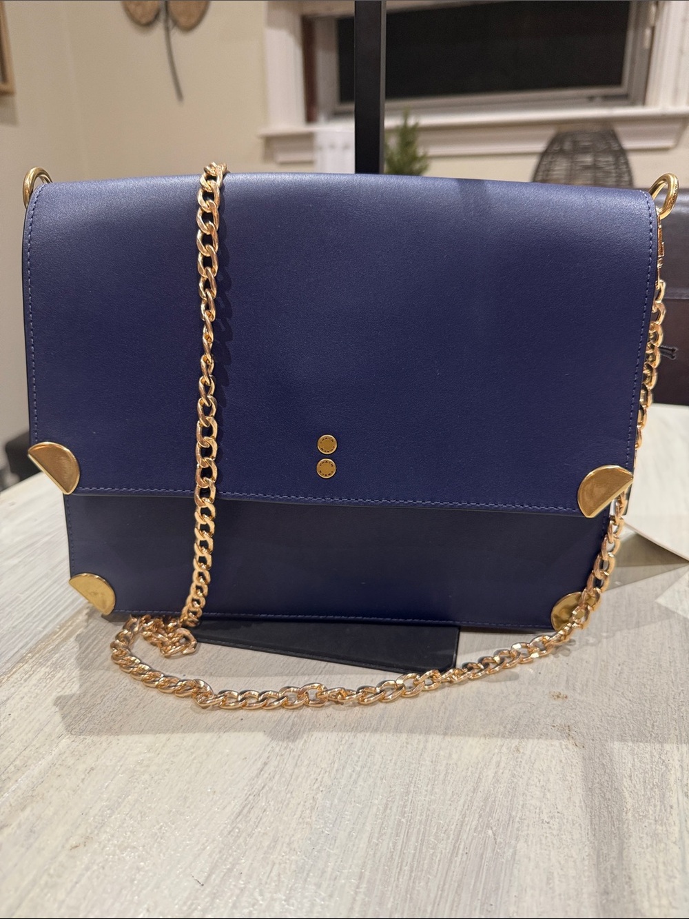 Navy Cooper Leather Chain-Shoulder Bag with Gold Hardware